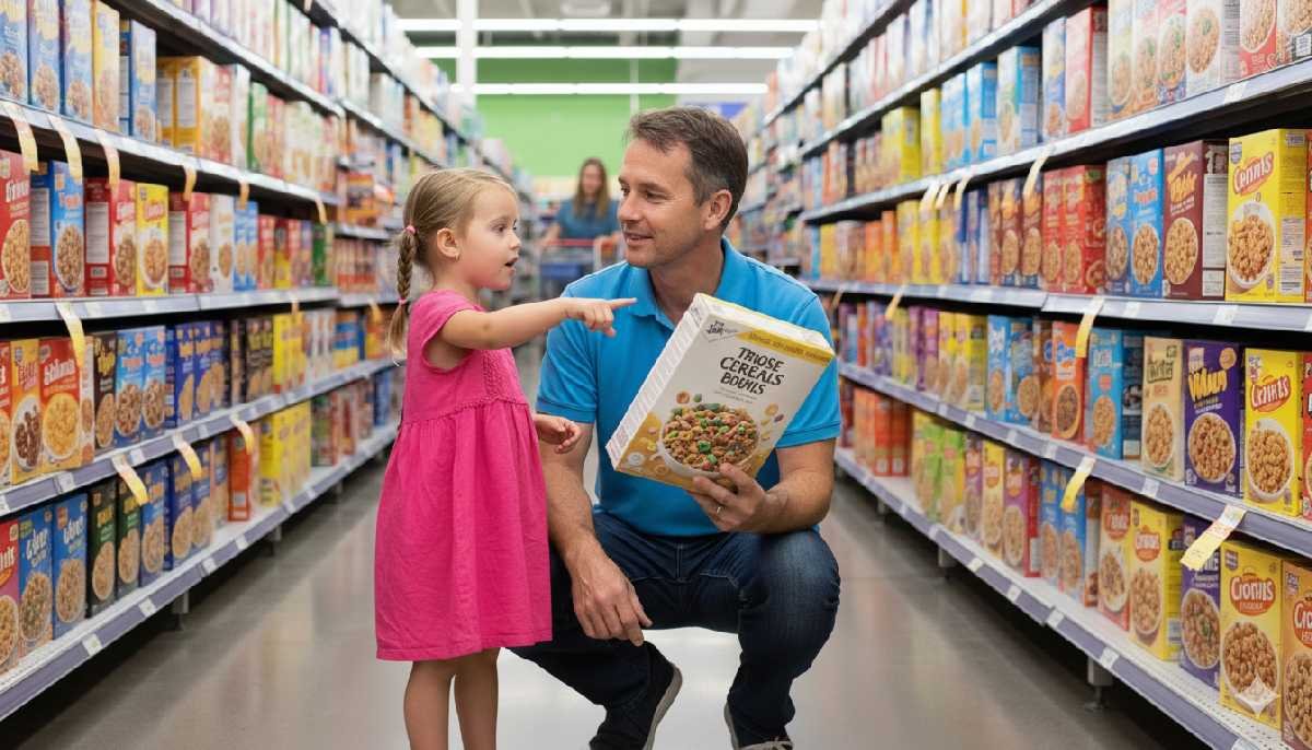 Familia feliz haciendo la compra en el supermercado